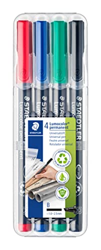 STAEDTLER permanent Marker Lumocolor, Keilspitze ca. 1,0 - 2,5 mm, wisch- und wasserfest, Made in Germany, nachfüllbar, lange Lebensdauer, 4 Universalstifte in sortierten Farben, 314 WP4 im Sale